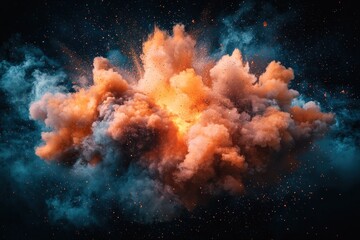 Abstract explosion of orange and teal dust or clouds against a dark, starry backdrop