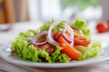 Fresh Salad with Tomato and Onion Slices on White Plate in Bright Natural Light