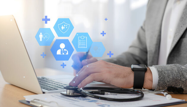 Healthcare professional working on laptop with medical data and stethoscope nearby, providing online consultation for patients, health insurance concept