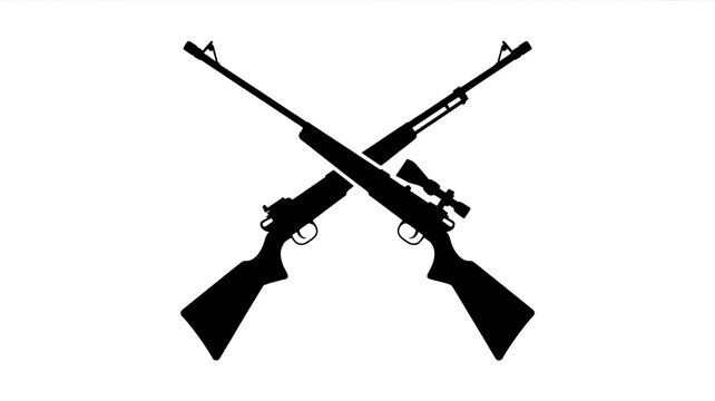 A black and white silhouette illustration of two crossed rifles against a white background - Powered by Adobe