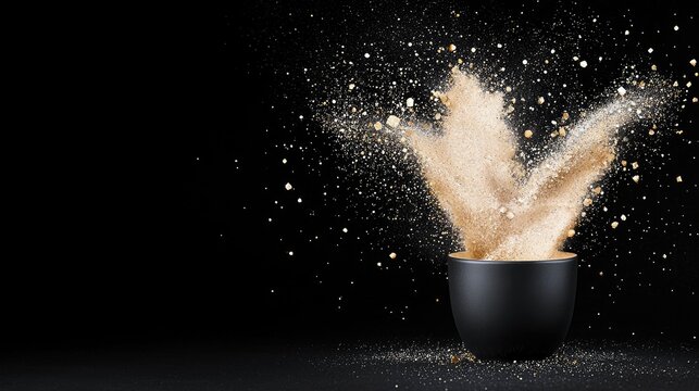 Golden powder erupts from a black bowl, scattering into the air against a dark background, creating a dynamic and sparkling effect.