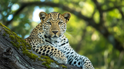 A close-up photograph of a leopard resting on a moss-covered tree trunk in a lush forest setting.