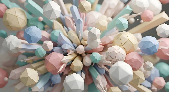 Abstract geometric explosion of pastel-colored low-poly shapes and crystal-like structures