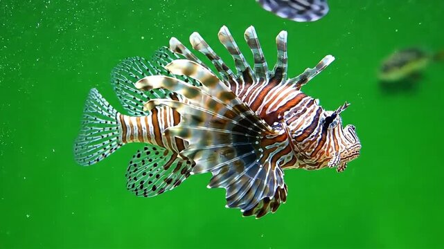 A vibrant, venomous Lionfish (Pterois volitans) swimming gracefully in clear water with a solid green chroma key background, perfect for VFX integration and documentary filmmaking.