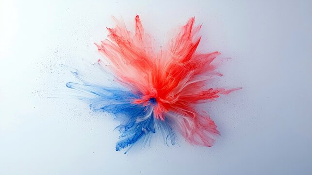 A dynamic explosion of red and blue powder bursts outward, creating a vibrant and abstract display against a clean white background.