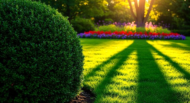 Lush green garden with vibrant flowerbed and sunlit lawn grass bush - Powered by Adobe