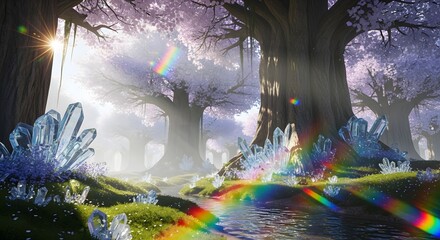 Enchanted crystal forest landscape with sun rays, ethereal light, rainbow lens flare, and magical stream, fantasy nature.