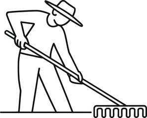 Farmer raking ground with straw hat on white background