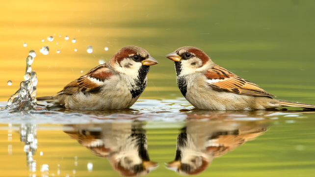 A close-up photograph of two house sparrows taking a bath in shallow water.