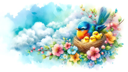 Colourful mixed media watercolor a mother bird in floral nest with chicks, blue sky, white clouds. Happy Mother's Day. Greeting card, wall art.