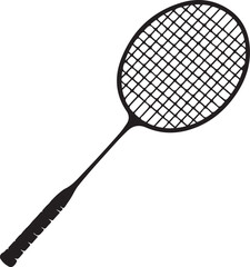 A black and white silhouette of a badminton racket