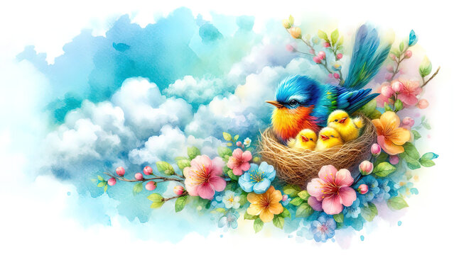 Colourful mixed media watercolor a mother bird in floral nest with chicks, blue sky, white clouds. Happy Mother's Day. Greeting card, wall art.