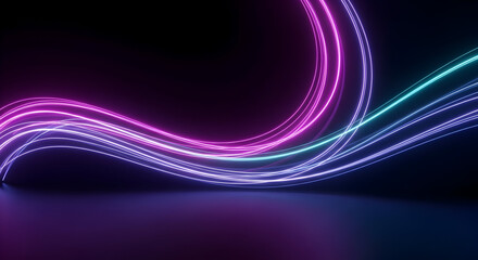 Abstract neon light trails curve and flow across a dark background, creating a vibrant visual effect.