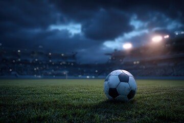 Soccer Ball on Green Field Under Dark Cloudy Sky in Stadium
