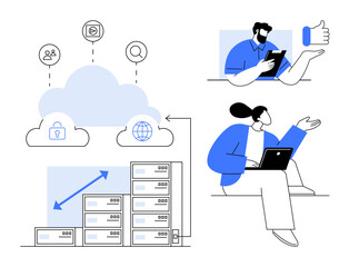 Cloud computing with secure servers, scalability icons, and team collaboration. Ideal for technology, storage, networking, cybersecurity, IT solutions teamwork efficiency. Simple flat metaphor