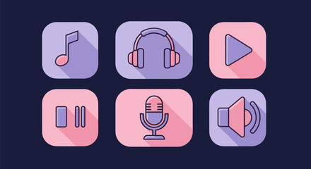 Collection of digital music and audio icons on a colorful background
