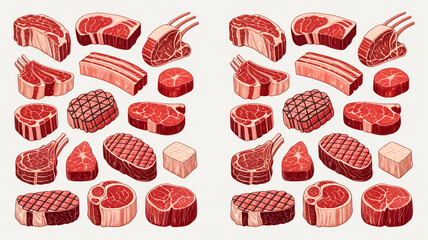 A detailed illustration of various cuts of beef arranged symmetrically on a white background.