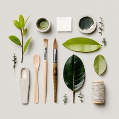 eco minimal design scene with writing tools and leaves
