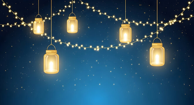 Festive glowing jar lanterns and string lights hanging against a dark blue starry night sky.