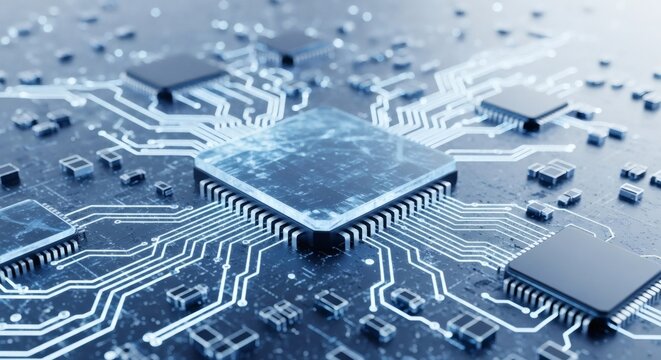 A glowing blue microprocessor at the center of a complex circuit board, symbolizing the power of digital technology, innovation, and data processing