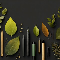 eco minimal design scene with writing tools and leaves