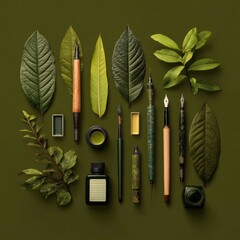 eco minimal design scene with writing tools and leaves