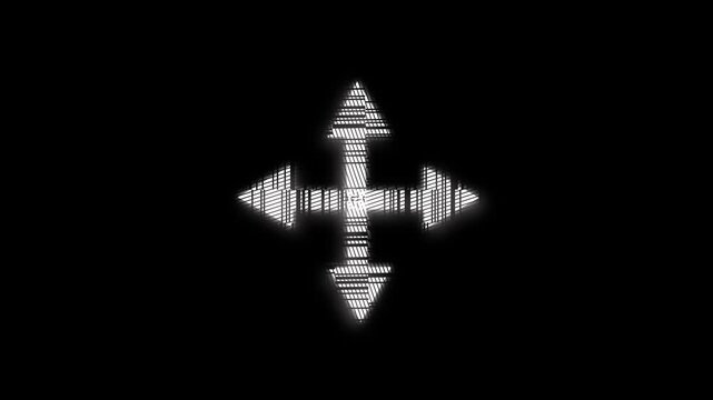 Four White Arrows Pointing in Opposite Directions with a Hatch Pattern and Glow Effect. Futuristic animation of four white arrows pointing outward with glowing hatch pattern creating a sleek abstract