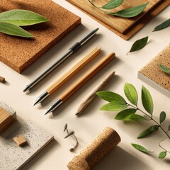 eco minimal design scene with writing tools and leaves