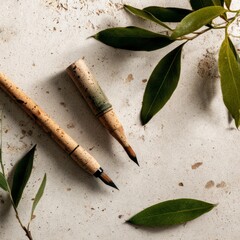 eco minimal design scene with writing tools and leaves