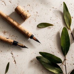 eco minimal design scene with writing tools and leaves