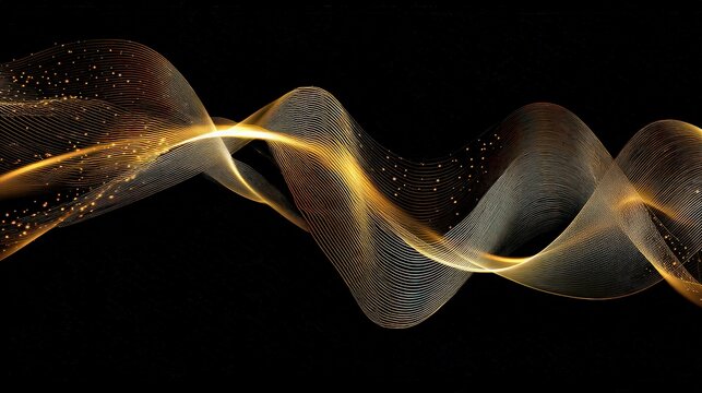 Abstract Golden Waveform Particle Trail Against Black Background with Glowing Light