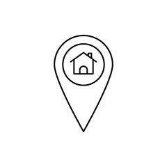 Home location map pin icon line art symbol for address, realty, navigation, and residence tracking.