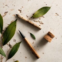 eco minimal design scene with writing tools and leaves