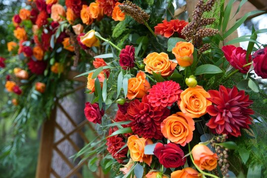 Wedding flower arrangement ideas orange roses and red dahlias outdoor - Powered by Adobe