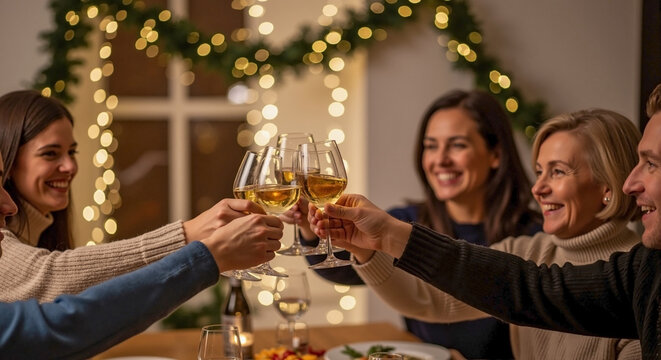 New year family dinner with group of people celebrating and toasting at home. Family new year family dinner gathered for festive event toasting together during holiday time.