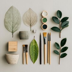 eco minimal design scene with writing tools and leaves