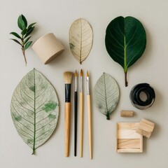eco minimal design scene with writing tools and leaves