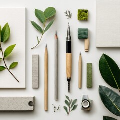 eco minimal design scene with writing tools and leaves