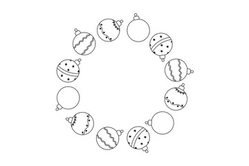 Frame wreath of Christmas tree balls and snowflakes. Black and white contour pattern for Christmas greetings, winter holidays, cards and gift wrapping