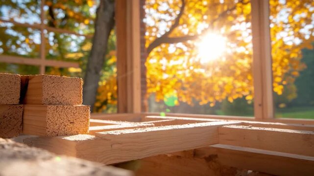 Crafting the Future: A close-up view showcasing the intricate woodwork of a house frame, illuminated by the warm, golden light of the sun, with a stack of bricks adding a textural contrast.