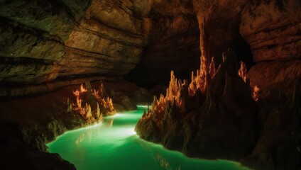 Lush Green Underground River Flowing Through a Cave System.