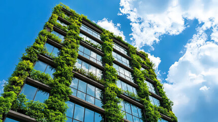 Vertical office building covered in vertical green plants and reflective glass windows under bright blue sky, vibrant eco friendly urban facade