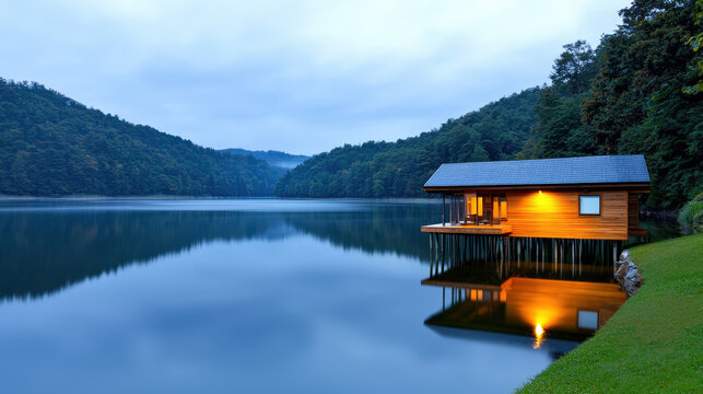 Lake house on stilts glowing warm light at dusk with calm reflective water and forested hills