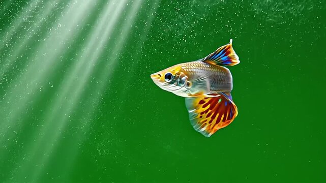 Close-up of a highly colorful fancy male guppy fish swimming peacefully against a bright emerald green background illuminated by light rays, perfect for nature documentaries and aquarium hobby content