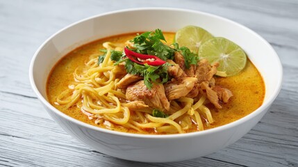 Rich Golden Thai Khao Soi Soup with Shredded Chicken Fresh Herbs and Lime Slices in White Bowl