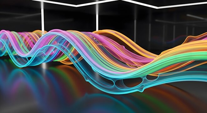 A dynamic flow of iridescent, glowing ribbons creating an abstract technological waveform on a dark reflective background - Powered by Adobe