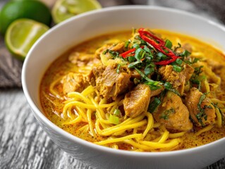 Rich Yellow Chicken Noodle Soup Garnished With Red Chili Slices and Green Scallions Served in White Bowl on Wooden Table