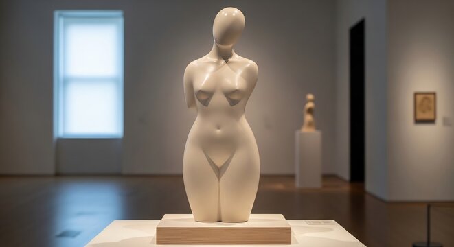 Creamcolored minimalist female torso sculpture on a wooden base in a brightly lit art gallery with a window