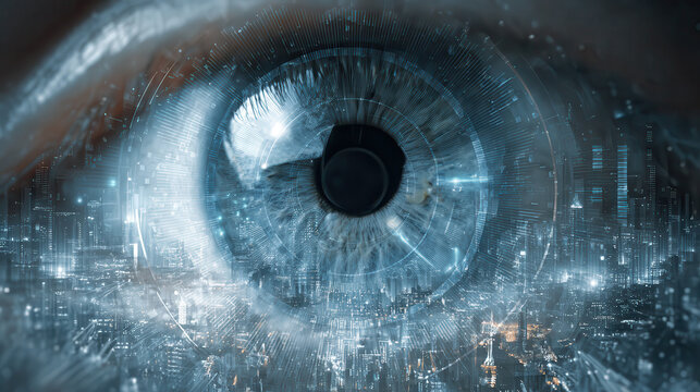Futuristic digital eye with circuitry and data overlay