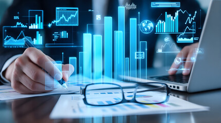 Financial analyst reviewing data analytics with digital graphs in a modern office, forecasting future growth and making data driven decisions for success